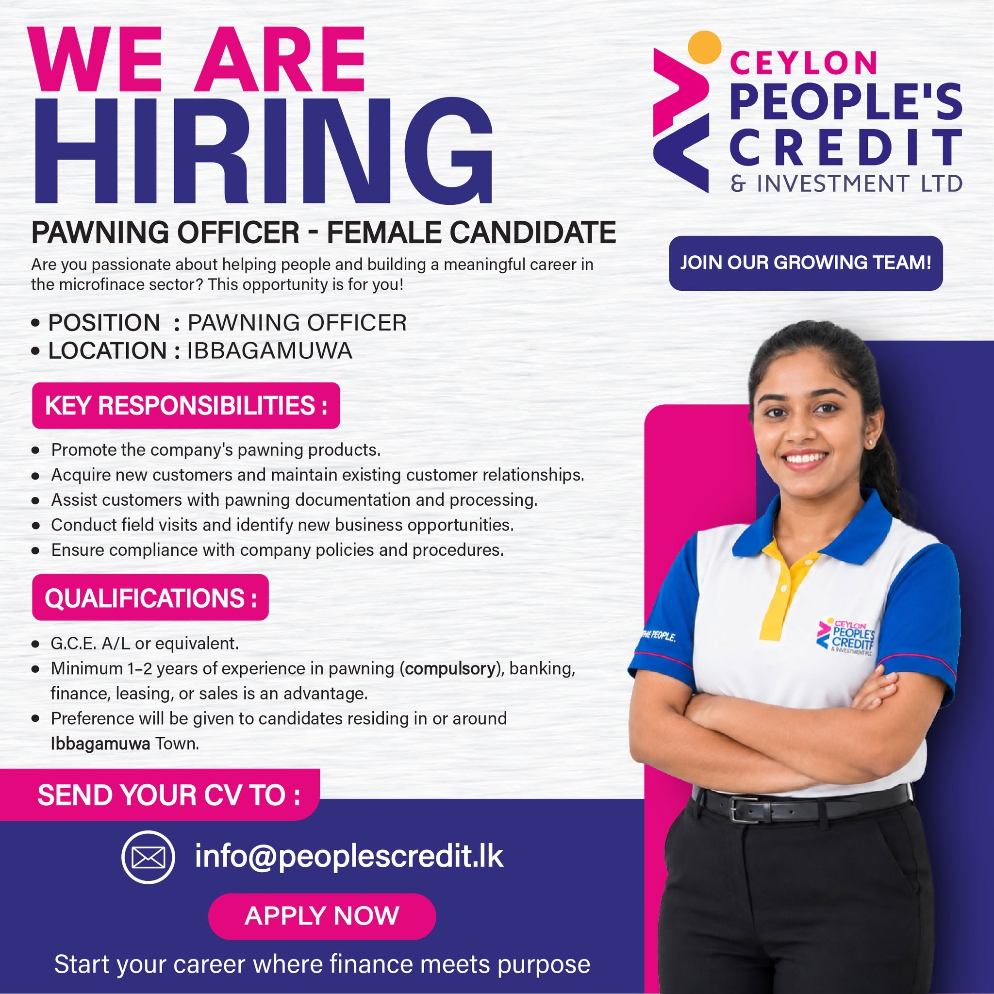 Pawning Officer - Female Candidates